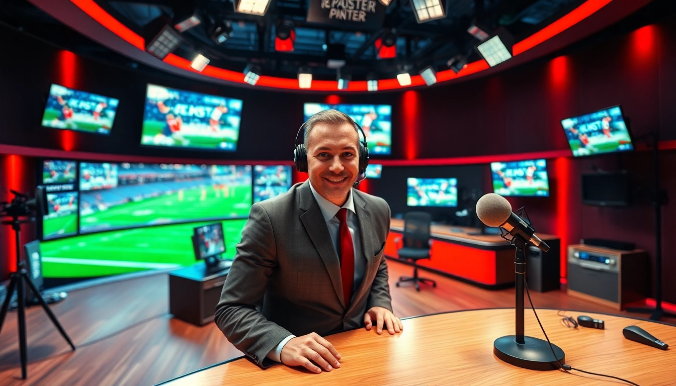 Engaging view of sports broadcasting studio highlighting dynamic equipment and on-air action.