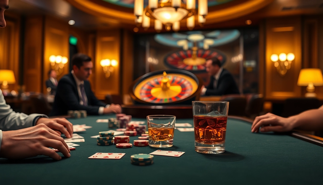 Play poker at https://888vi.io/ with vibrant chips and a spinning roulette wheel in an upscale casino setting.