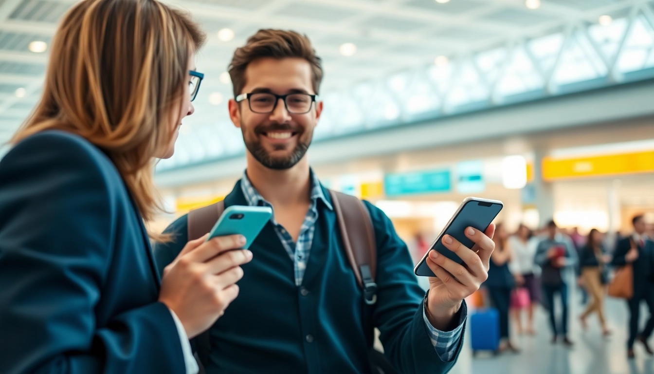 Efficient traveler using the eta application uk at an airport for smooth entry.