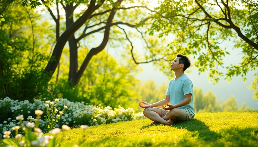 Serene scene depicting stress and anxiety relief through mindfulness meditation in nature.