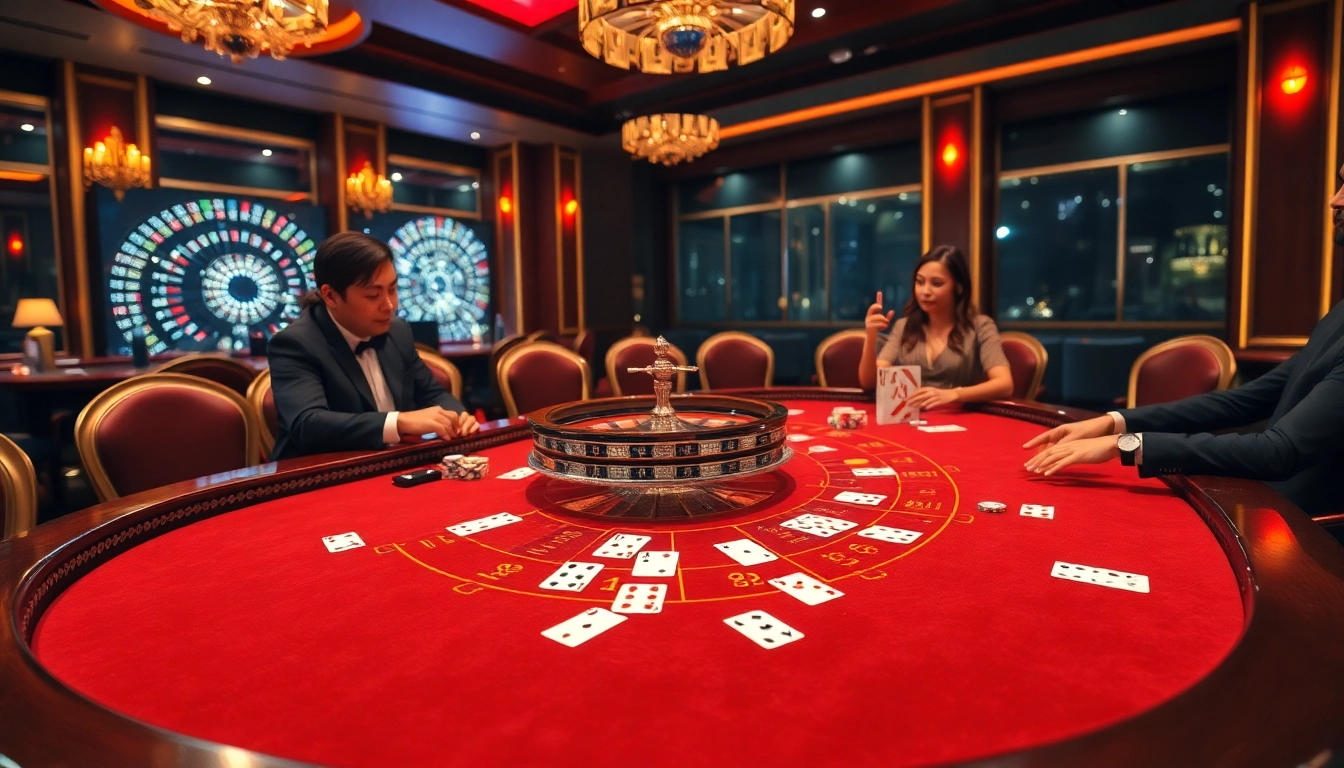 Engaged players at XX88's baccarat table celebrating wins in a luxurious casino setting.