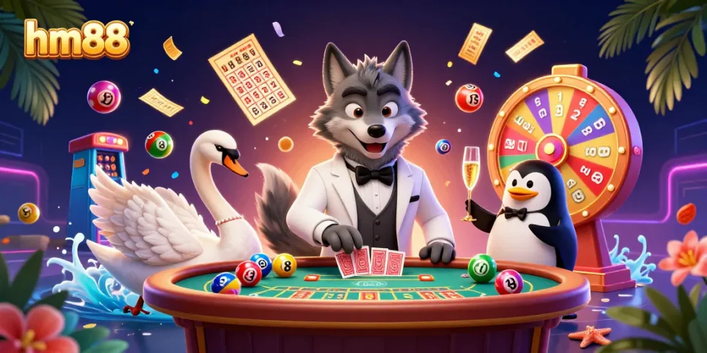 Experience vibrant gameplay action with hm88 featuring a debonair wolf and elegant casino characters.