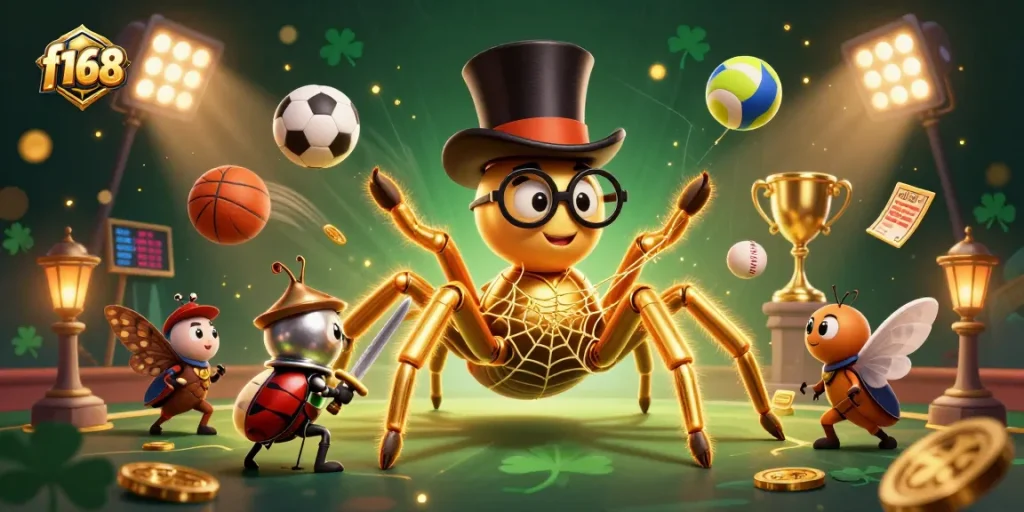 f168 showcases a golden tarantula among vibrant casino elements, emphasizing thrilling gameplay.
