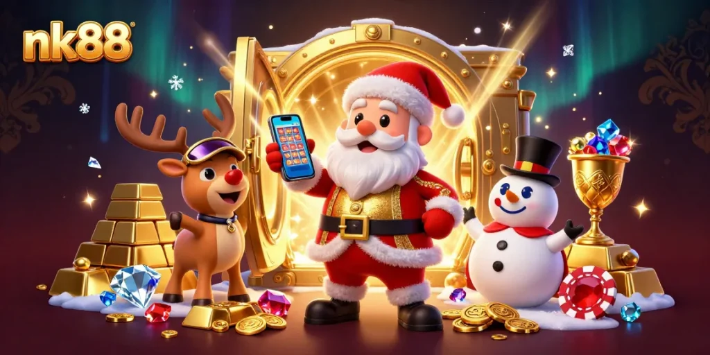 Win big with nk88 in a vibrant 3D casino scene showcasing festive characters.