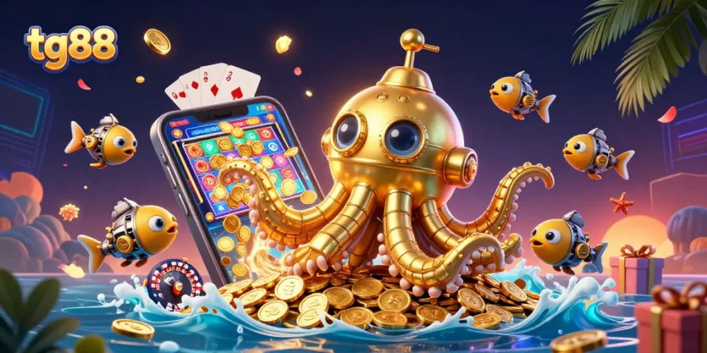 Experience thrilling gaming adventures with tg88, featuring a golden kraken submarine and exciting casino elements.