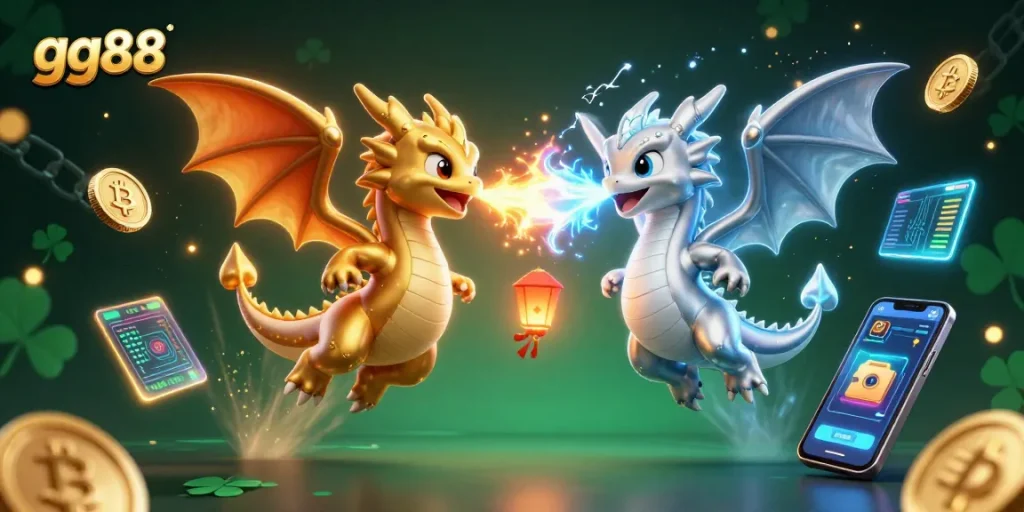 Experience excitement with gg88 as twin dragons unleash fiery and icy magic amidst cryptocurrency and dynamic gaming symbols.