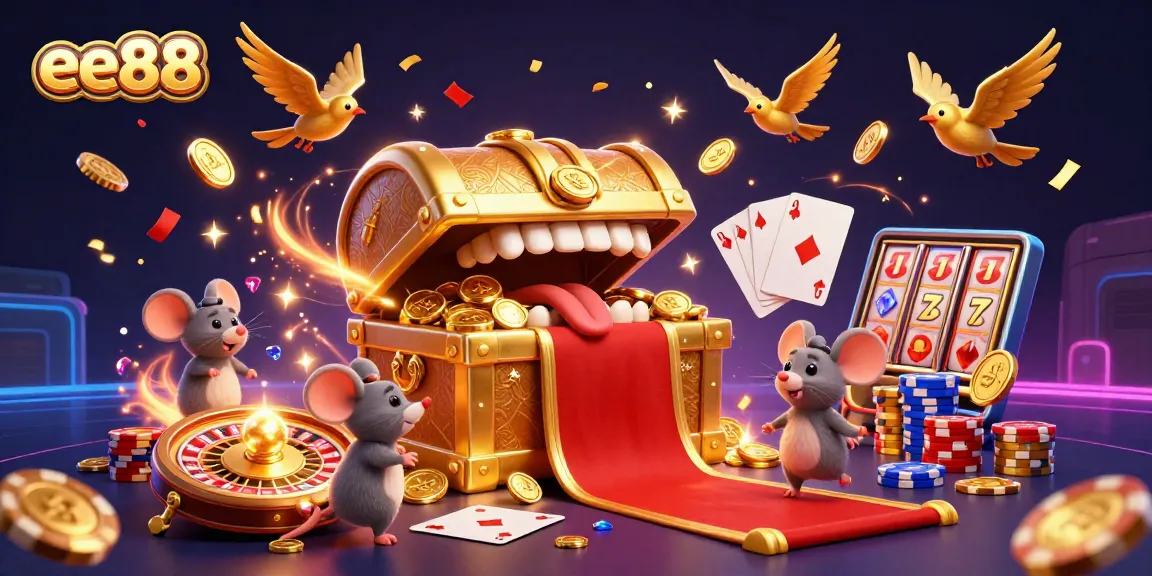 Experience the excitement of ee88 with a treasure chest and vibrant casino elements.