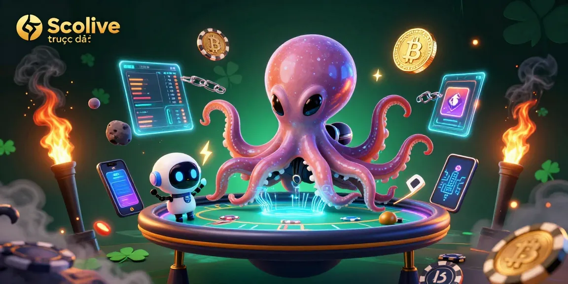 Experience Socolive trực tiếp with an octopus dealer engaging in holographic poker amid vibrant crypto elements.