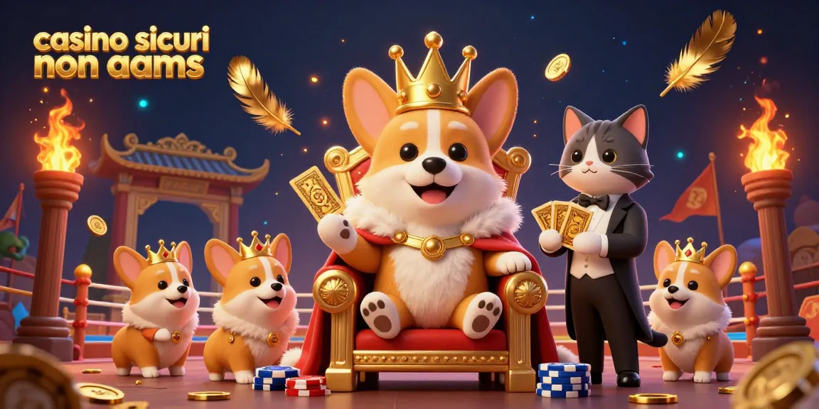 Experience the vibrant atmosphere of a 3D cartoon scene illustrating casino sicuri non aams with a royal corgi.