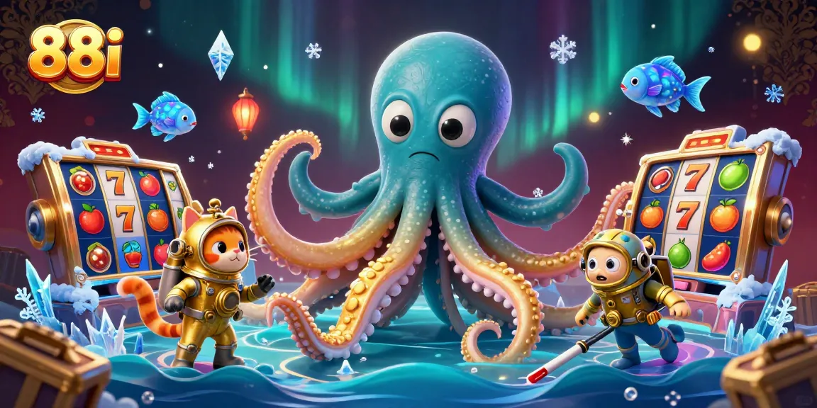 Experience gaming excitement at 88i with features like colorful slot reels and a colossal kraken illustration.