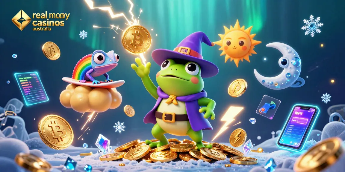 Explore real money casinos Australia with engaging digital characters and crypto elements.